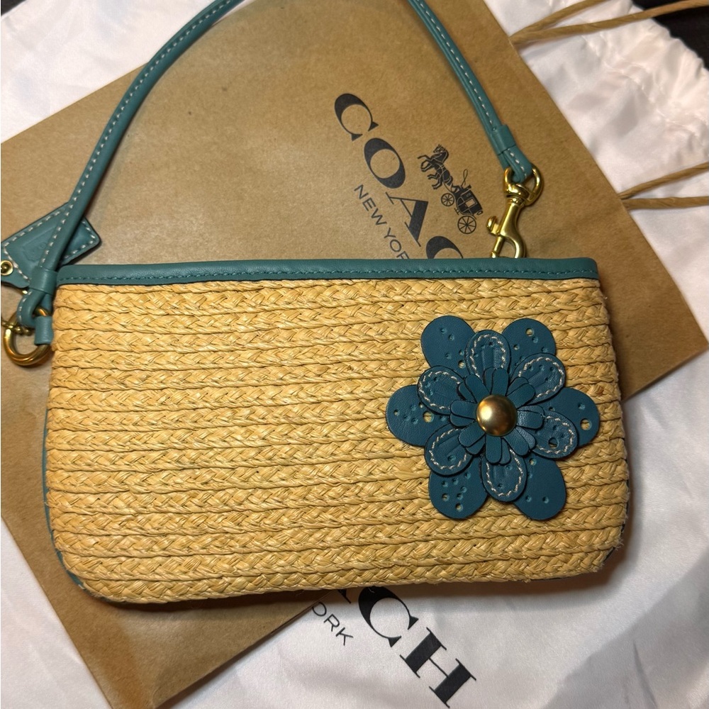 New Vintage Coach Zipper Bag Wristlet with Teal Leather Trim Flower